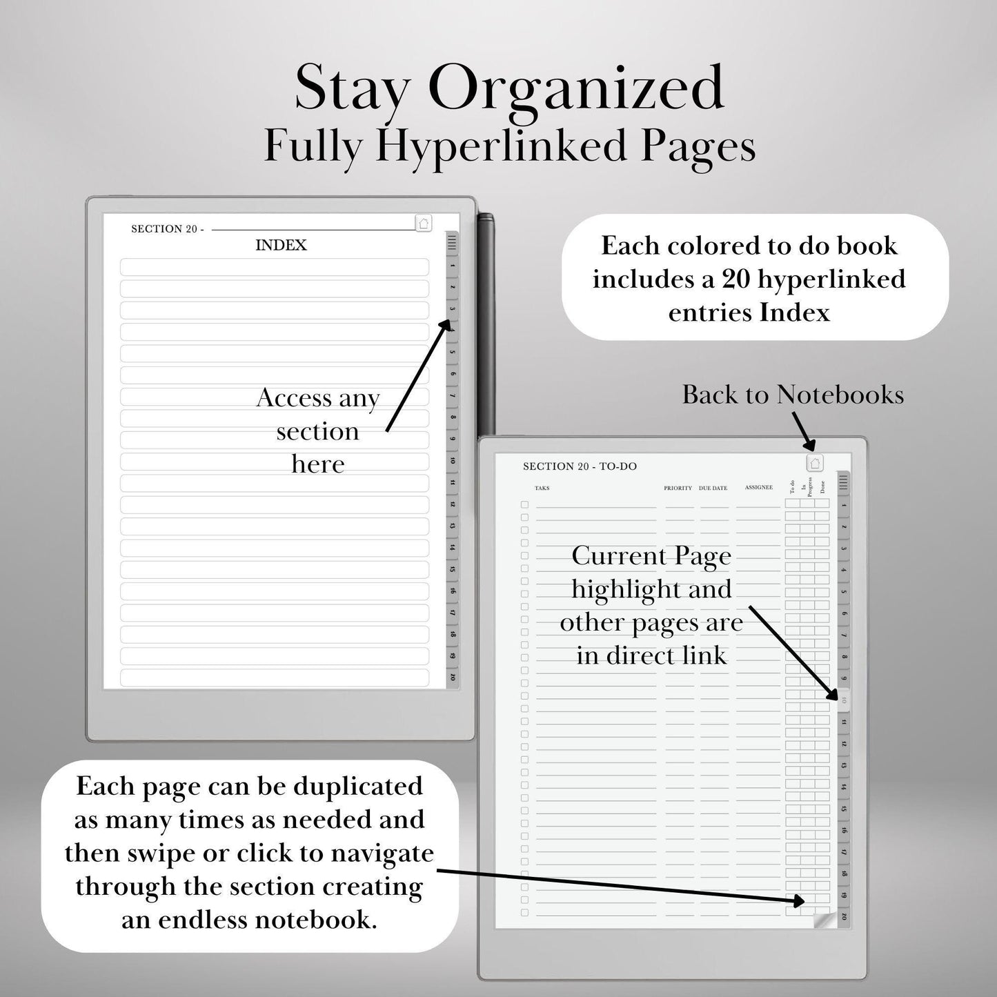 To Do Lists Notebook for reMarkable Paper Pro & Remarkable 2 Hyperlinked PDF Task Tracker Template Tabs To-do templates Productivity Planner