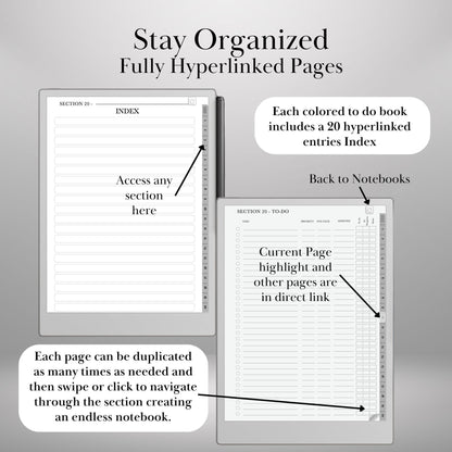 To Do Lists Notebook for reMarkable Paper Pro & Remarkable 2 Hyperlinked PDF Task Tracker Template Tabs To-do templates Productivity Planner