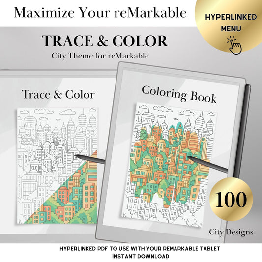 Coloring & Tracing Book for reMarkable Paper Pro Templates City Adult Coloring Hyperlinked eInk Art Therapy reMarkable 2 Mindful activity