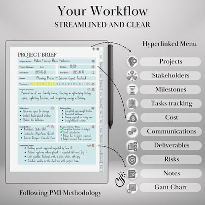 Project Management Template for reMarkable 2 & Paper Pro Hyperlinked Template PMI Workflow Project Planner Productivity Project Tracker