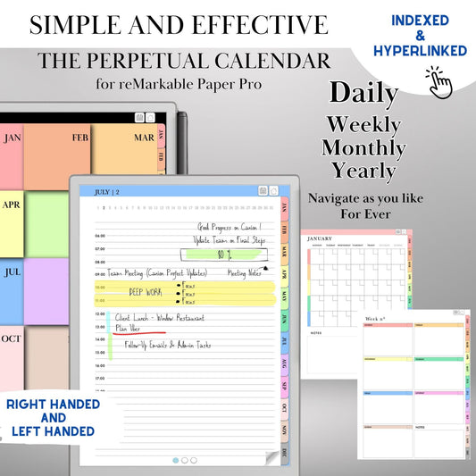 Perpetual Calendar for reMarkable Paper Pro daily planner Undated Monthly Weekly Daily Hourly Planner Hyperlinked Planner for reMarkable 2
