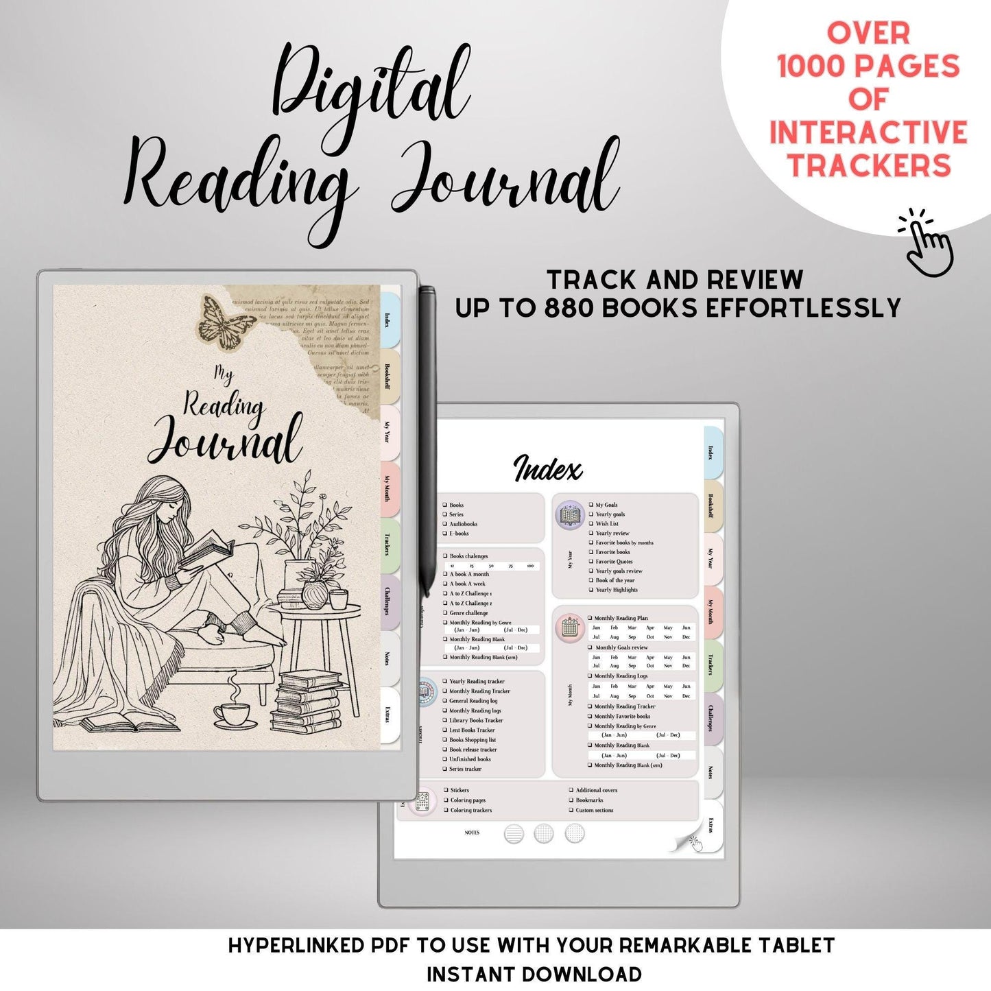 Reading Journal for reMarkable Paper Pro and Remarkable 2 Hyperlinked Book Tracker Template e-Ink Reading Planner template TBR eBook Reviews