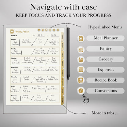 reMarkable Paper Pro Meal Planner Template Hyperlinked Meal Planning & Recipe Organizer | Digital Tracker Templates Productivity Template