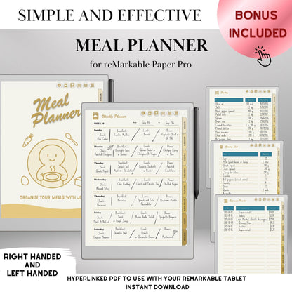 reMarkable Paper Pro Meal Planner Template Hyperlinked Meal Planning & Recipe Organizer | Digital Tracker Templates Productivity Template