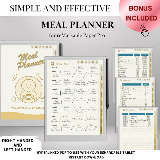 reMarkable Paper Pro Meal Planner Template Hyperlinked Meal Planning & Recipe Organizer | Digital Tracker Templates Productivity Template