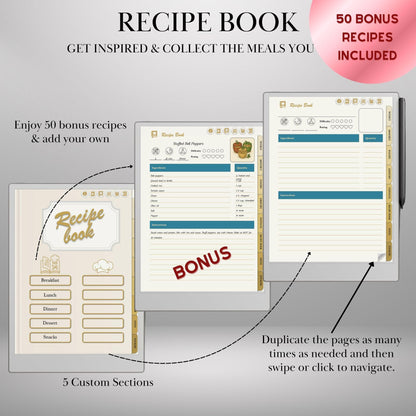 reMarkable Paper Pro Meal Planner Template Hyperlinked Meal Planning & Recipe Organizer | Digital Tracker Templates Productivity Template