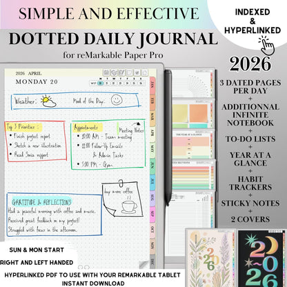 reMarkable Paper pro Daily Journal Planner 2026, Remakable Paper pro Journaling, Hyperlinked Notebook, reMarkable Templates, Digital Planner