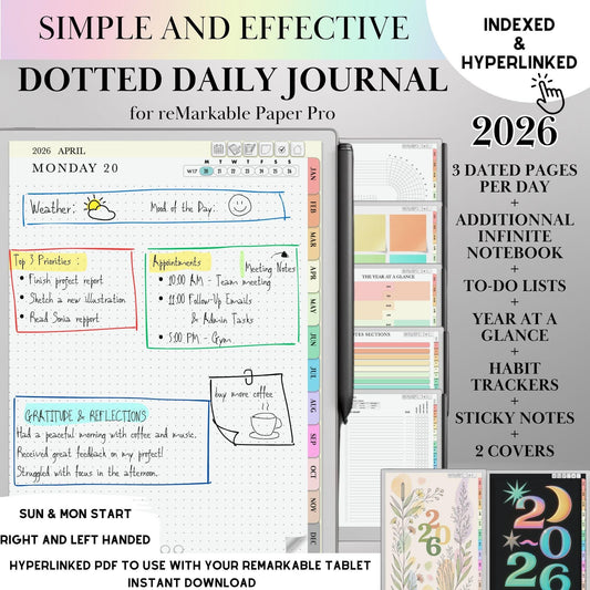 reMarkable Paper pro Daily Journal Planner 2026, Remakable Paper pro Journaling, Hyperlinked Notebook, reMarkable Templates, Digital Planner