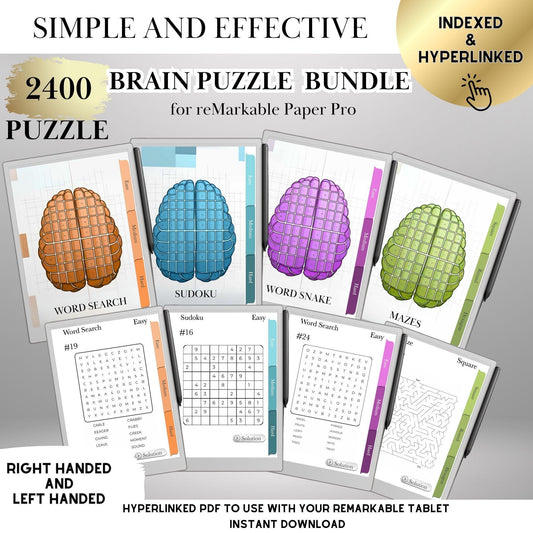 Puzzle Bundle for reMarkable Paper Pro | 2400 Brain Games | Sudoku, Word Search and Word Snake reMarkable Game Hyperlinked reMarkable2 Games