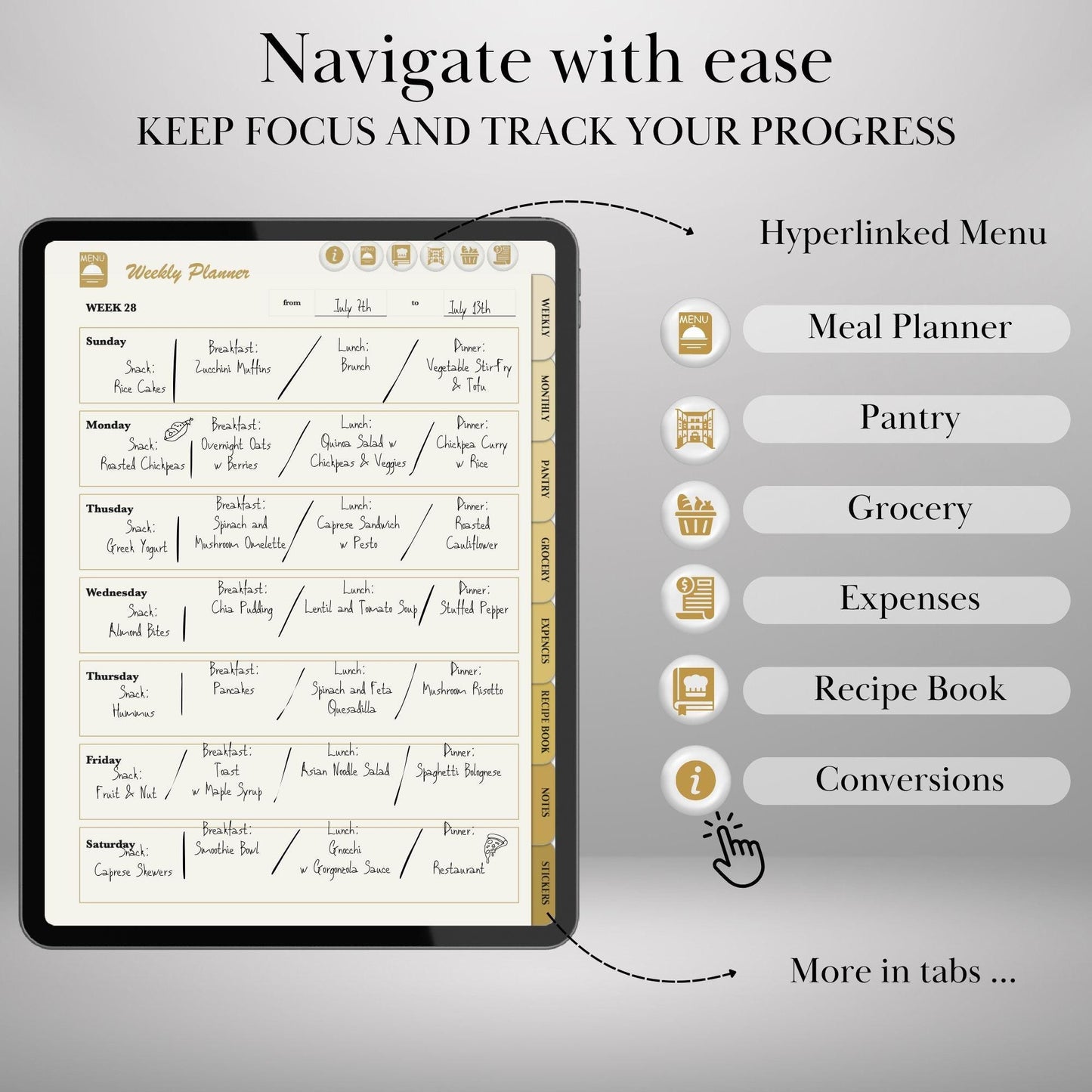 Digital Meal Planner for iPad, GoodNotes, Notability, Noteshelf Hyperlinked Meal Planning & Recipe Book | 50 Recipes + 100 Stickers
