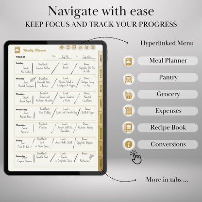 Digital Meal Planner for iPad, GoodNotes, Notability, Noteshelf Hyperlinked Meal Planning & Recipe Book | 50 Recipes + 100 Stickers