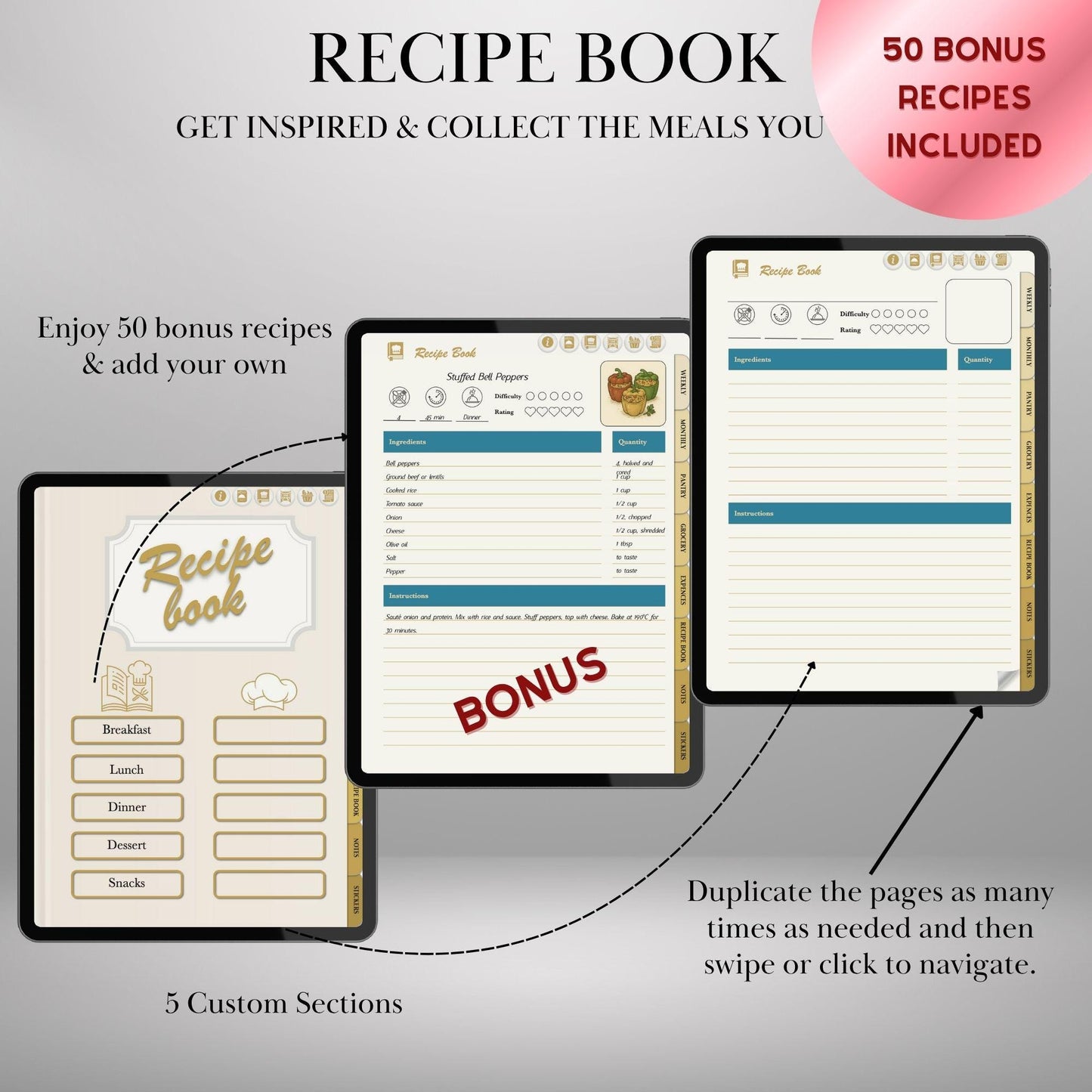 Digital Meal Planner for iPad, GoodNotes, Notability, Noteshelf Hyperlinked Meal Planning & Recipe Book | 50 Recipes + 100 Stickers