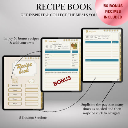 Digital Meal Planner for iPad, GoodNotes, Notability, Noteshelf Hyperlinked Meal Planning & Recipe Book | 50 Recipes + 100 Stickers