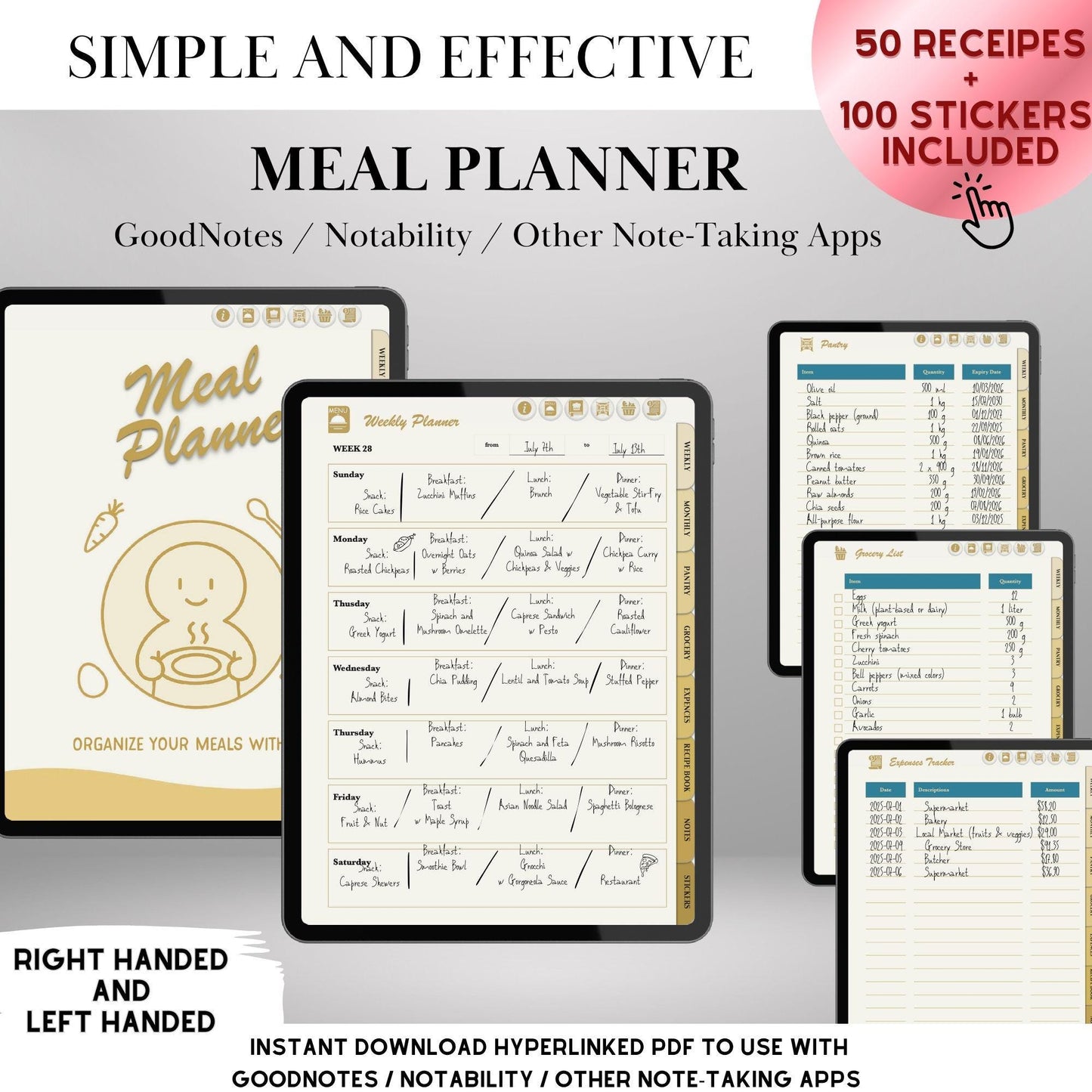 Digital Meal Planner for iPad, GoodNotes, Notability, Noteshelf Hyperlinked Meal Planning & Recipe Book | 50 Recipes + 100 Stickers