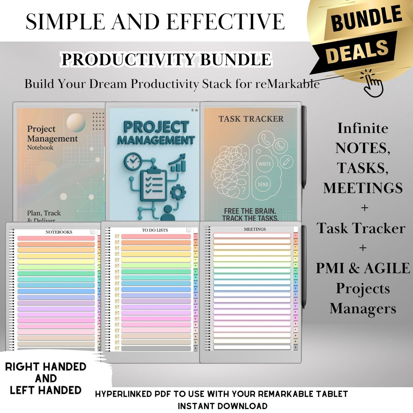 Productivity Bundle for reMarkable Paper Pro and reMarkable 2 Hyperlinked Planning Toolkit, GTD Task Tracker, Agile & PMI Project Templates