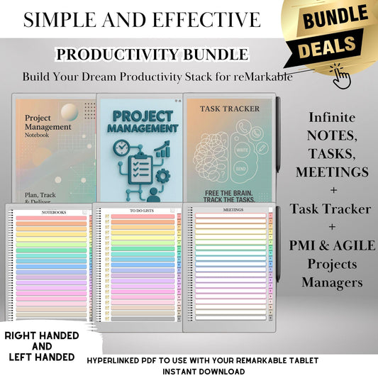 Productivity Bundle for reMarkable Paper Pro and reMarkable 2 Hyperlinked Planning Toolkit, GTD Task Tracker, Agile & PMI Project Templates