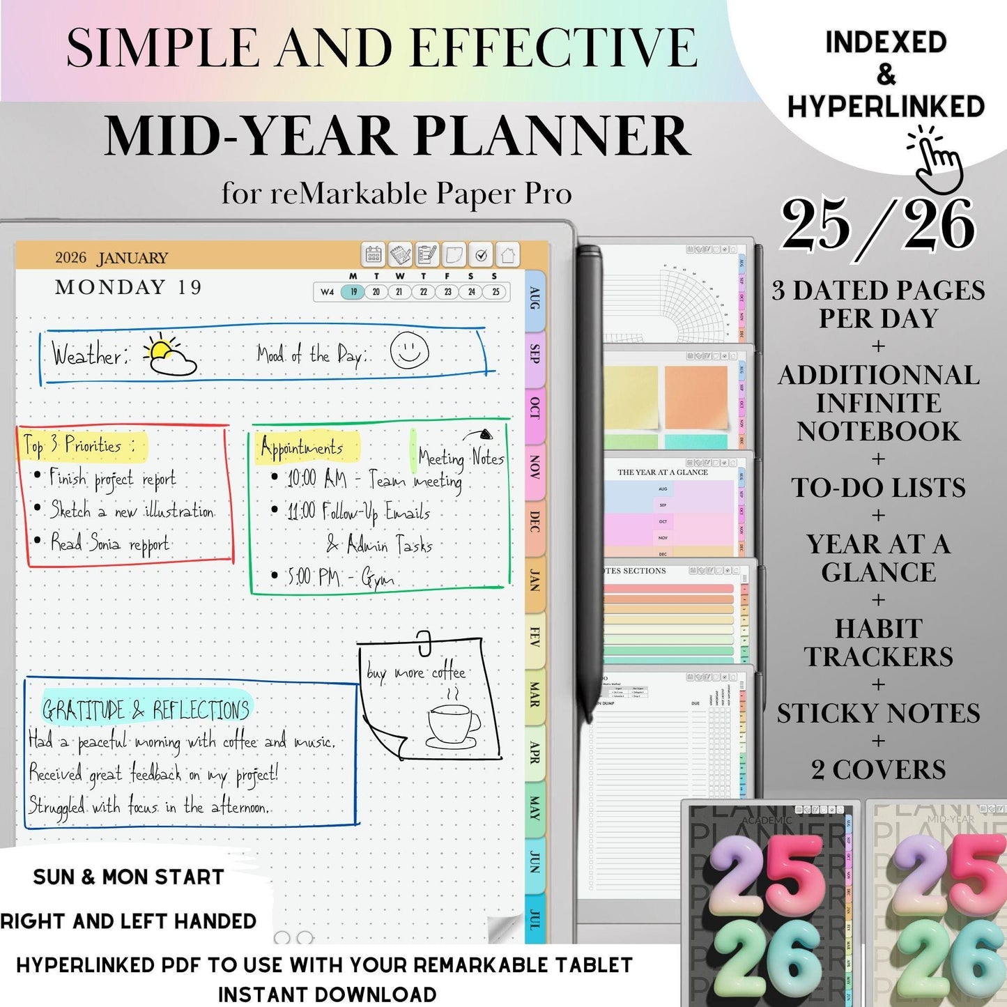 2025-2026 Daily Planner for reMarkable Paper pro, 2: Mid-Year Calendar August Start Student & Teache