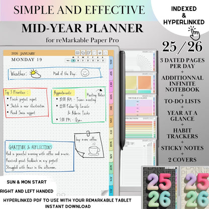 2025-2026 Daily Planner for reMarkable Paper pro, 2: Mid-Year Calendar August Start Student & Teache