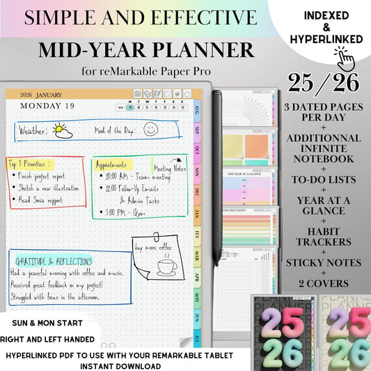 2025-2026 Daily Planner for reMarkable Paper pro, 2: Mid-Year Calendar August Start Student & Teache