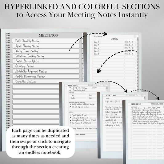 Meeting Notes Template for reMarkable 2: Hyperlinked Digital Notebook, Task Tracker and Productivity Template eink tablet (PDF Download)