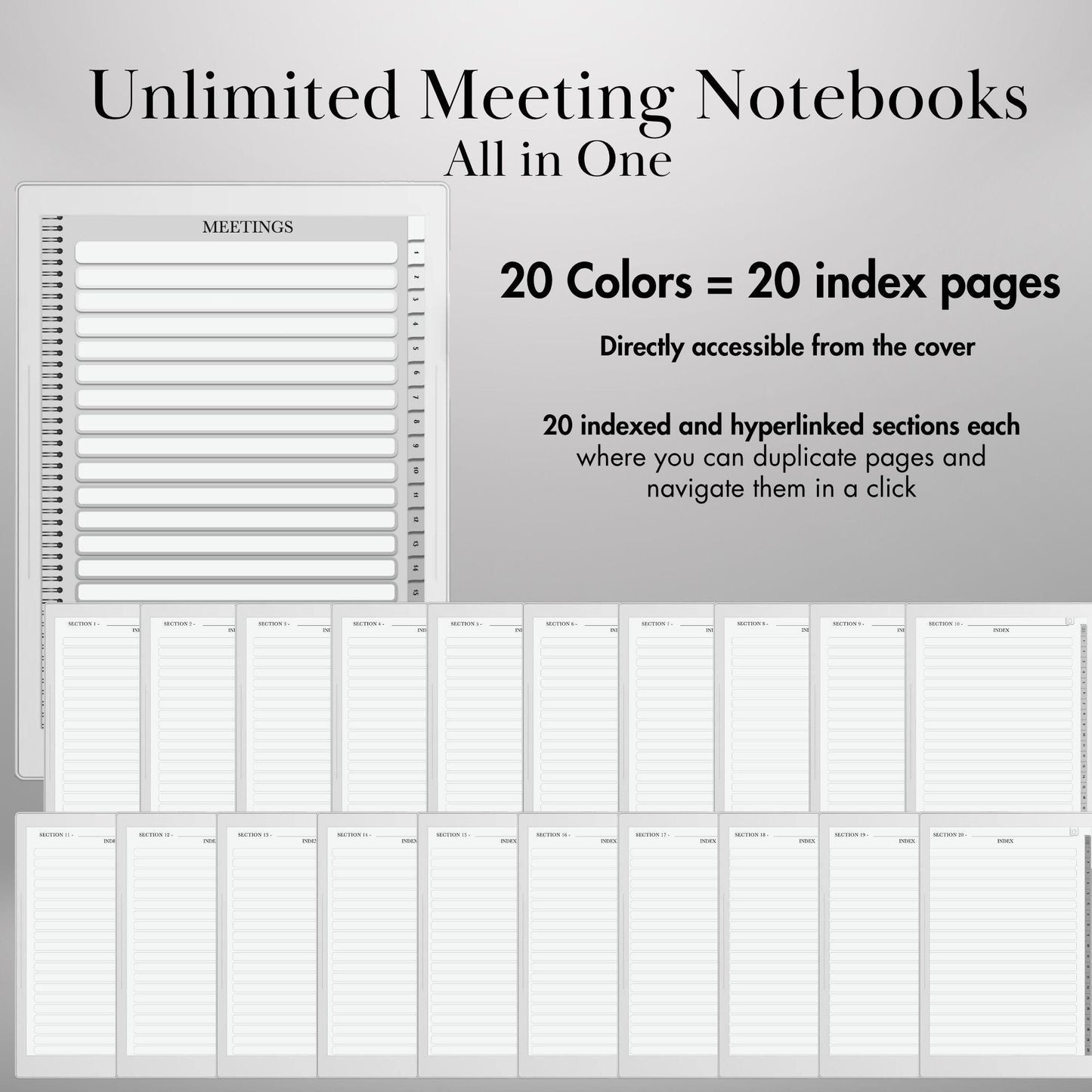 Supernote Meeting Notes Template: Hyperlinked Digital Notebook, Task Tracker and Productivity Template for eink tablet (PDF Download)