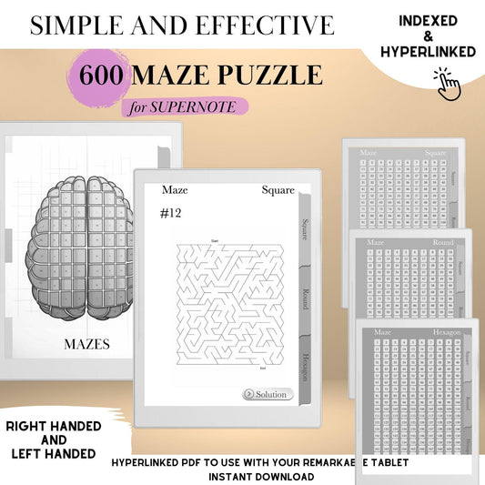 Supernote Maze Puzzle Book: 600 Brain Games, Hyperlinked PDF (Digital Download)