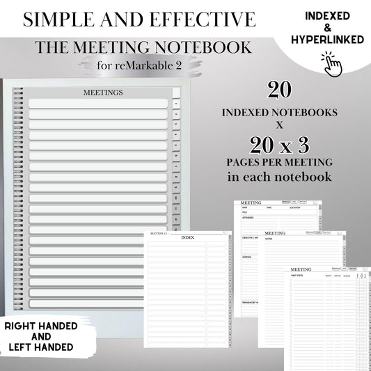 Meeting Notes Template for reMarkable 2: Hyperlinked Digital Notebook, Task Tracker and Productivity
