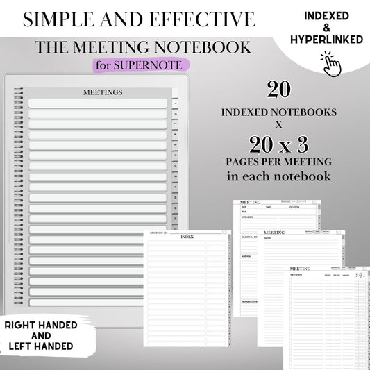 Supernote Meeting Notes Template: Hyperlinked Digital Notebook, Task Tracker and Productivity Templa
