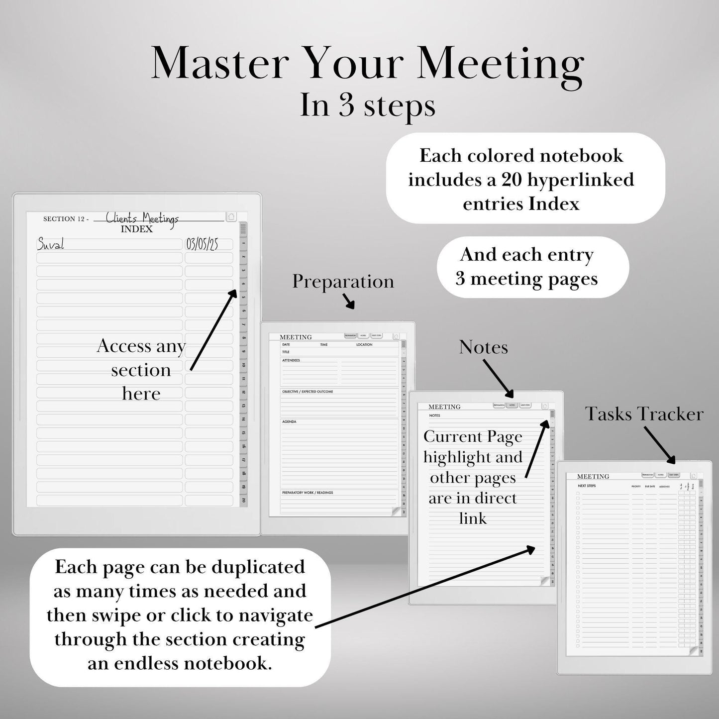 Supernote Meeting Notes Template: Hyperlinked Digital Notebook, Task Tracker and Productivity Template for eink tablet (PDF Download)
