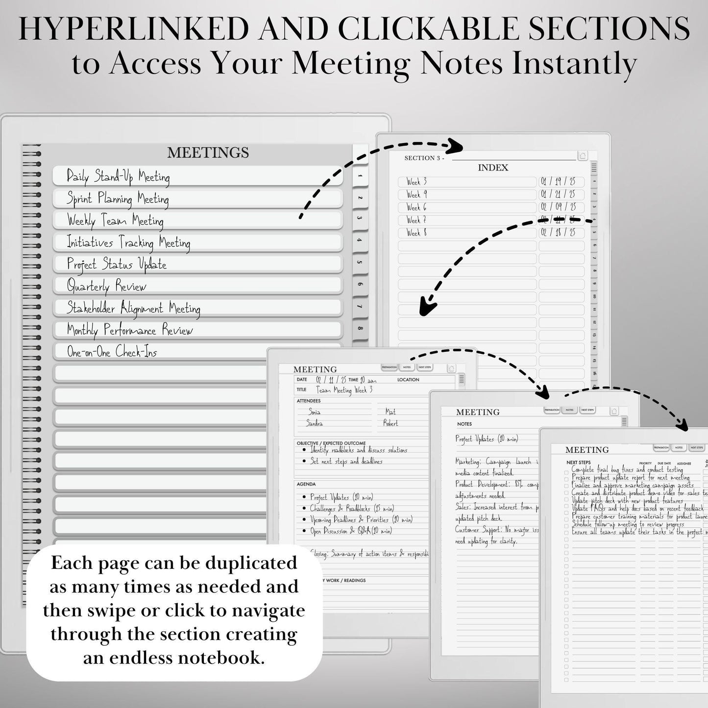 Supernote Meeting Notes Template: Hyperlinked Digital Notebook, Task Tracker and Productivity Template for eink tablet (PDF Download)