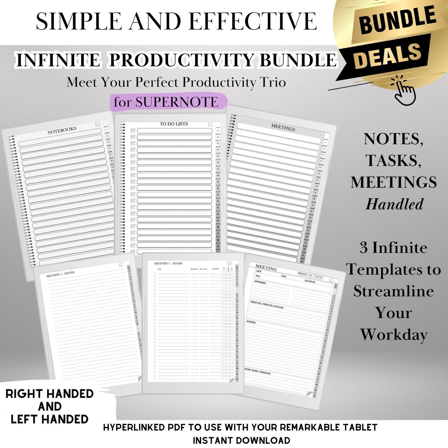 Supernote Productivity Bundle Templates: Hyperlinked Notebook, To-Do Tracker, Meeting Notes Template