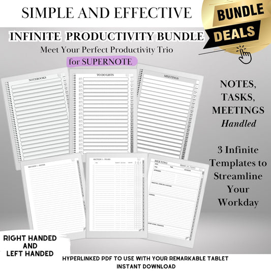 Supernote Productivity Bundle Templates: Hyperlinked Notebook, To-Do Tracker, Meeting Notes Template