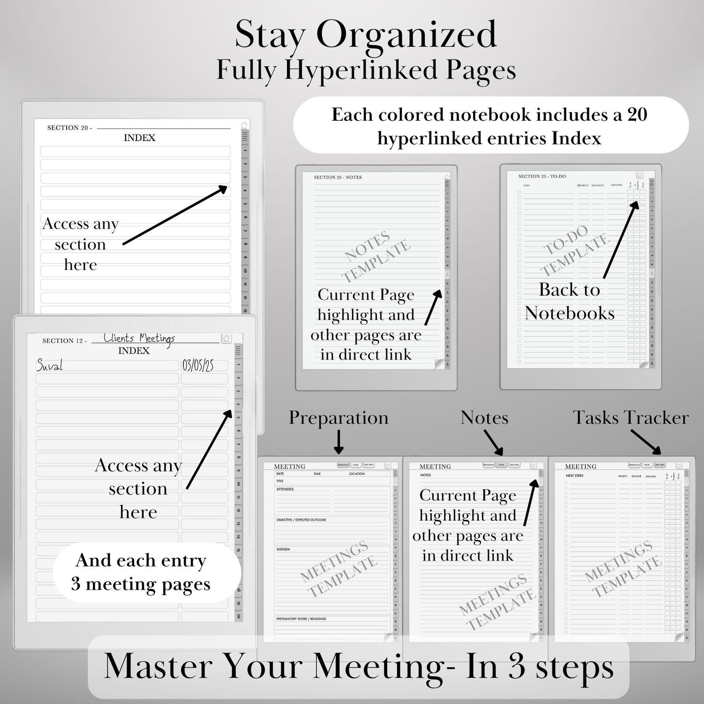 Supernote Productivity Bundle Templates: Hyperlinked Notebook, To-Do Tracker, Meeting Notes Templates for E-Ink tablets (Digital Download)