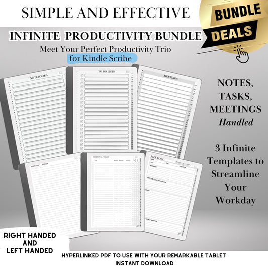 Kindle Scribe Productivity Bundle Templates: Hyperlinked Notebook, To-Do Tracker, Meeting Notes Temp