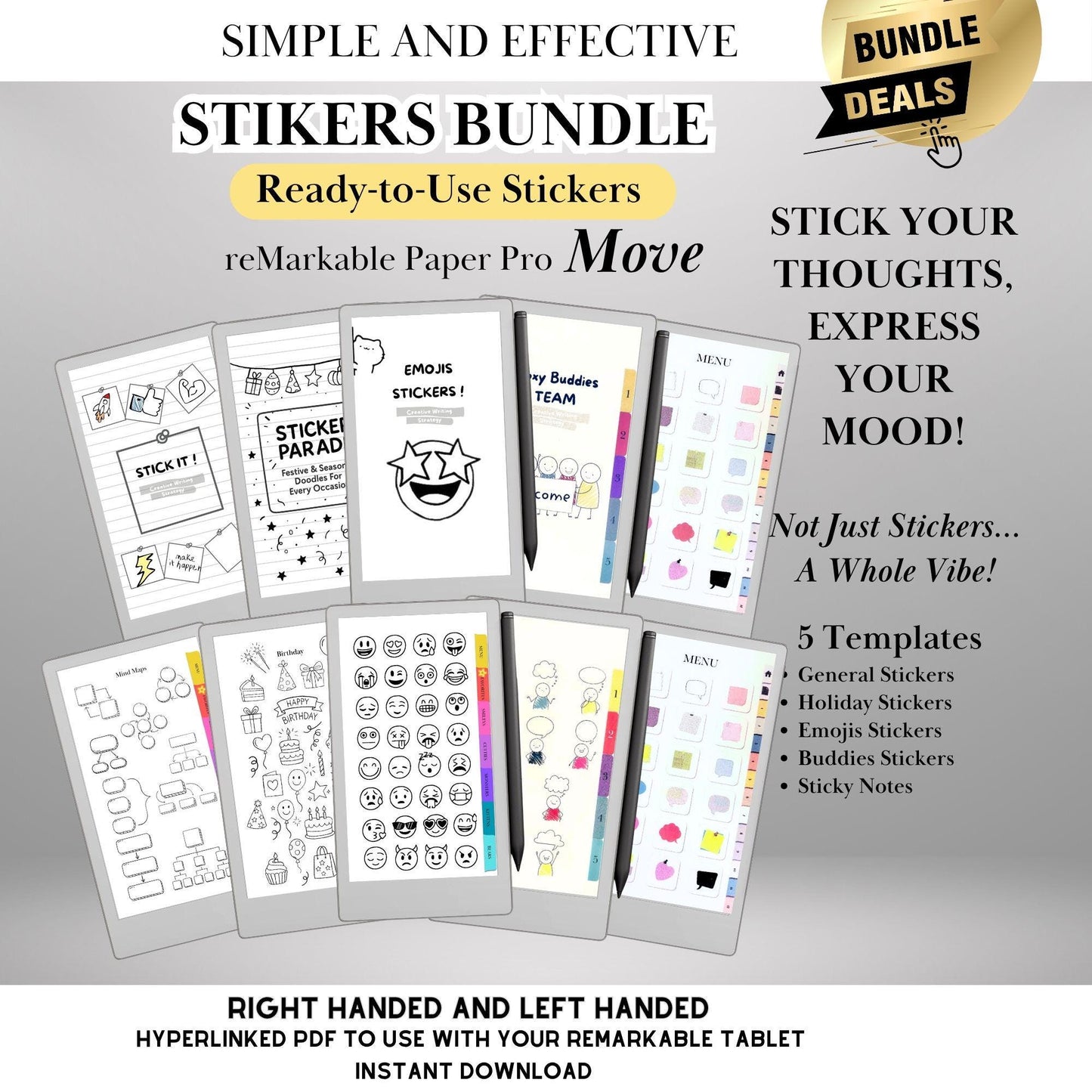 Ready-to-Use Stickers Bundle for reMarkable Paper Pro Move: 5 Copy-Paste Sticker Packs | Daily, Holi
