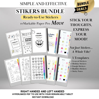 Ready-to-Use Stickers Bundle for reMarkable Paper Pro Move: 5 Copy-Paste Sticker Packs | Daily, Holi