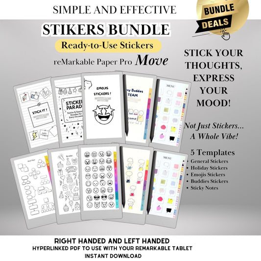 Ready-to-Use Stickers Bundle for reMarkable Paper Pro Move: 5 Copy-Paste Sticker Packs | Daily, Holi