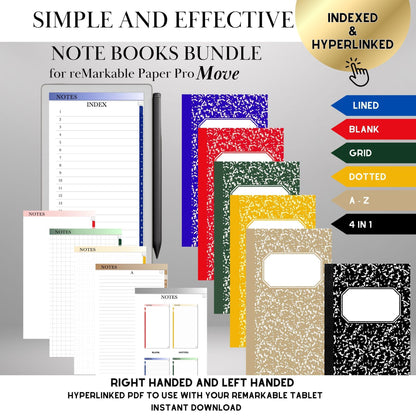 Notebook Bundle for reMarkable Paper Pro Move Templates: Hyperlinked, Indexed PDF Notebooks Lined, Grid, Dotted, Blank, A–Z & 4-in-1