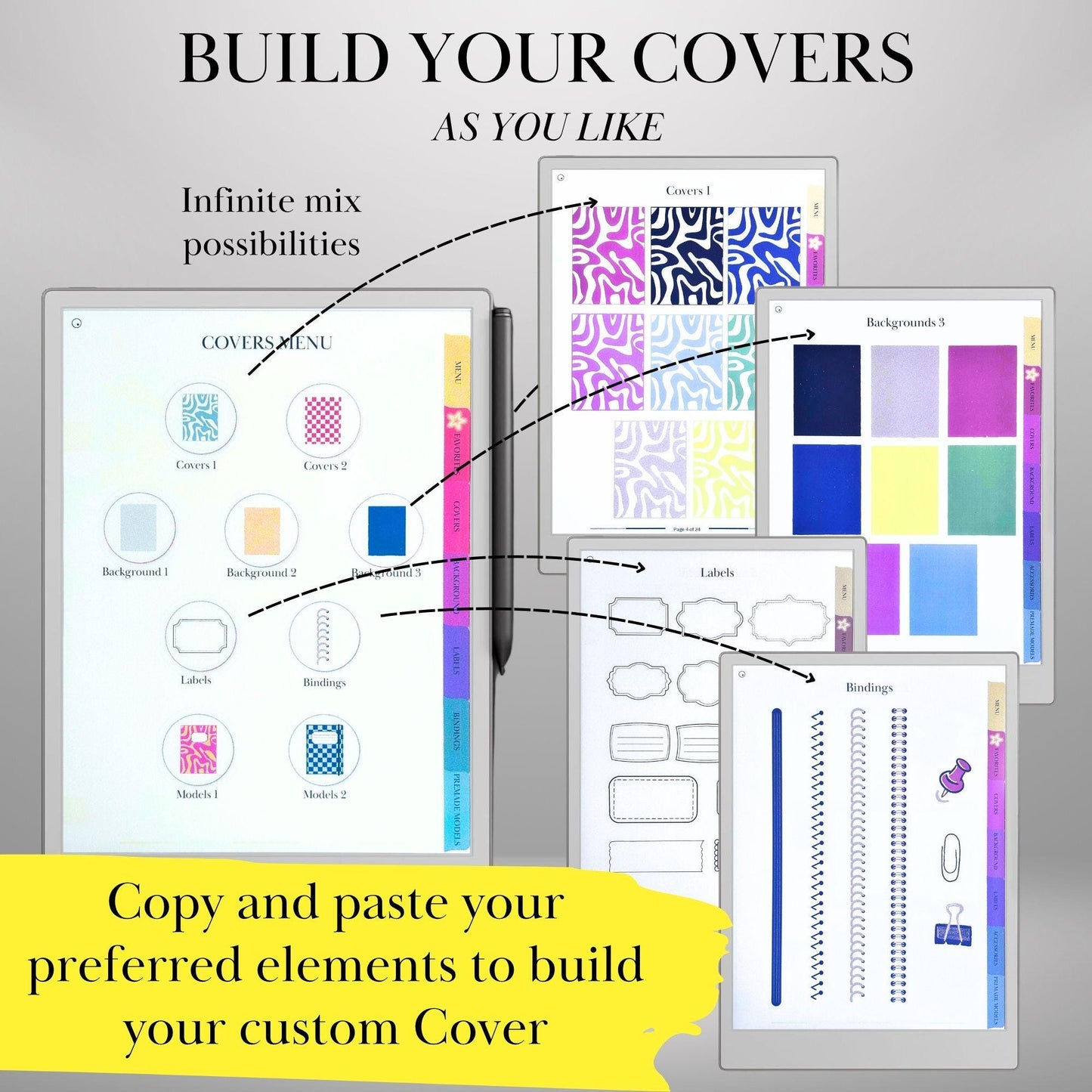Custom Covers Toolkit for reMarkable Paper Pro Template: Covers, Backgrounds, Labels, Bindings | Copy/Paste Stickers Covers for Notebooks