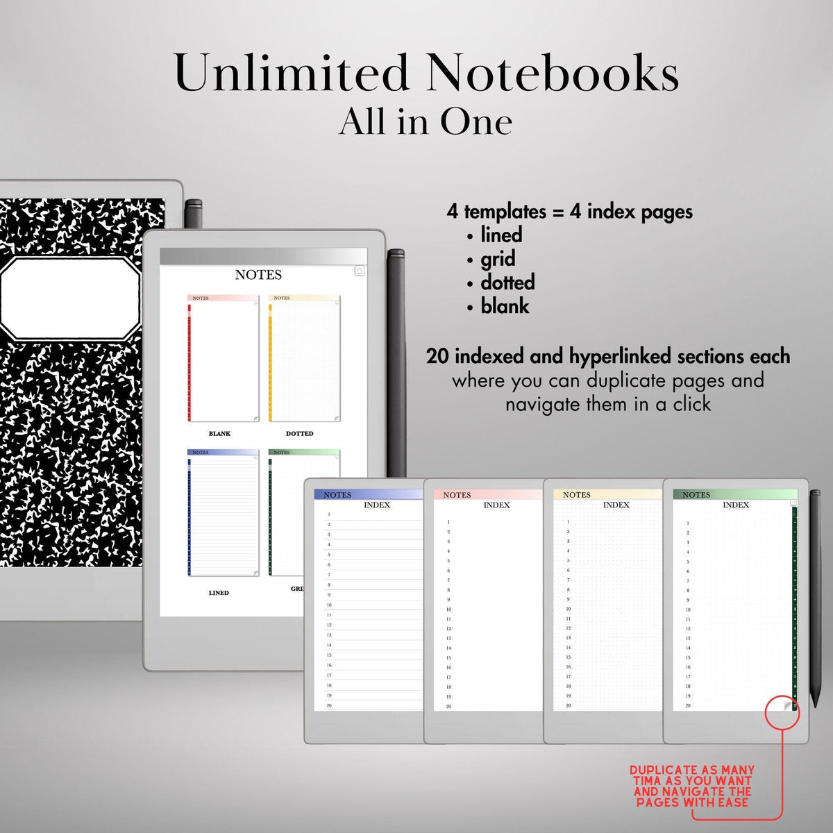 reMarkable Paper Pro Move — Notebook Bundle, lined grid dotted blank & A–Z