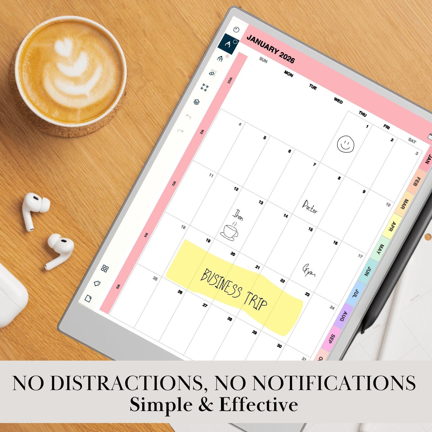 2026 Monthly Calendar for reMarkable Paper Pro Hyperlinked Minimalist Planner: Full-Page Monthly View + Year Overview