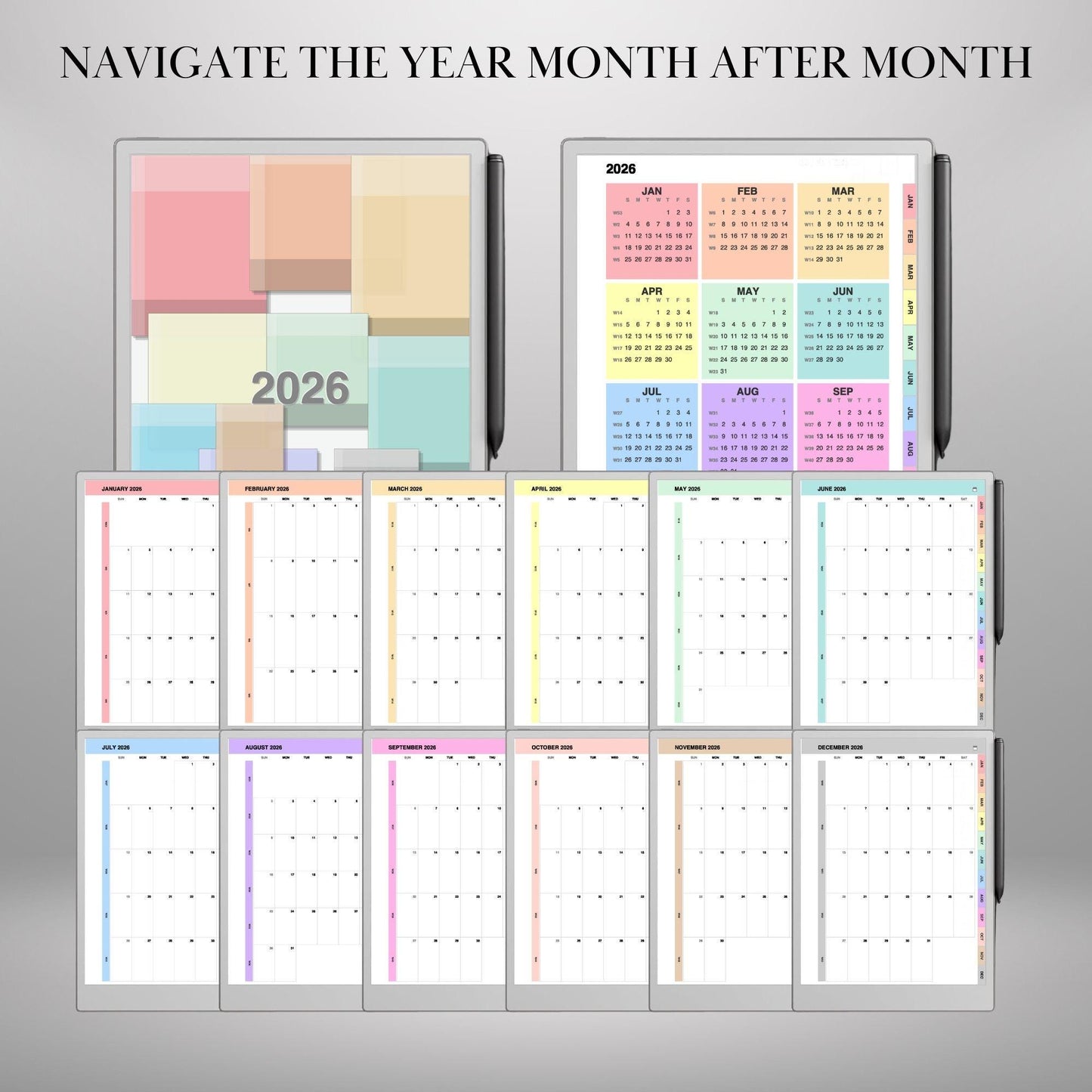 2026 Monthly Calendar for reMarkable Paper Pro Hyperlinked Minimalist Planner: Full-Page Monthly View + Year Overview