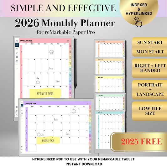 2026 Monthly Calendar for reMarkable Paper Pro Hyperlinked Minimalist Planner: Full-Page Monthly Vie