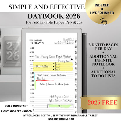 Daily Planner 2026 for Remarkable Paper pro Move: Daybook Hyperlinked Hourly Planner Template, Infin