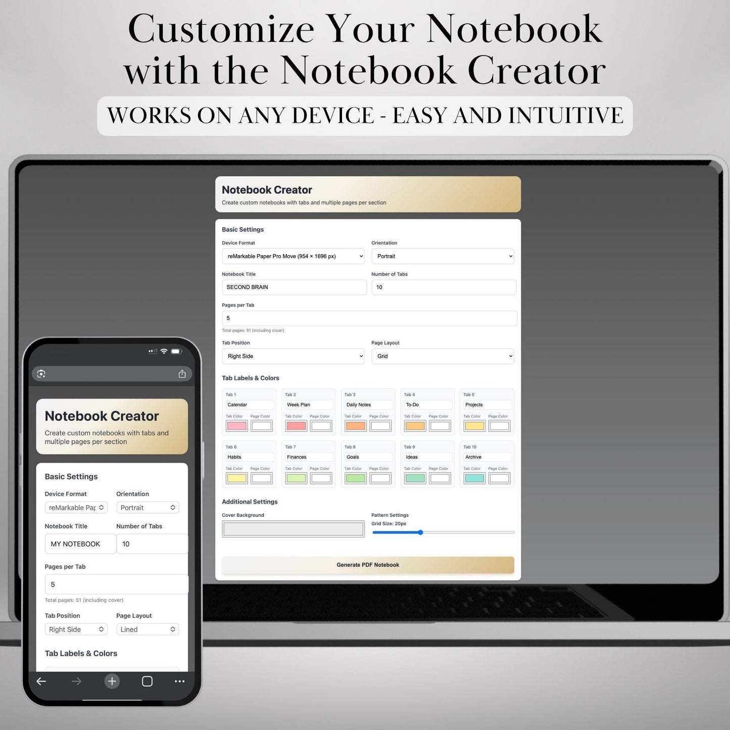 Custom Notebook Template Creator for reMarkable Paper Pro Move, rM2 | Personalized Template | Build Your Own Hyperlinked Notebook