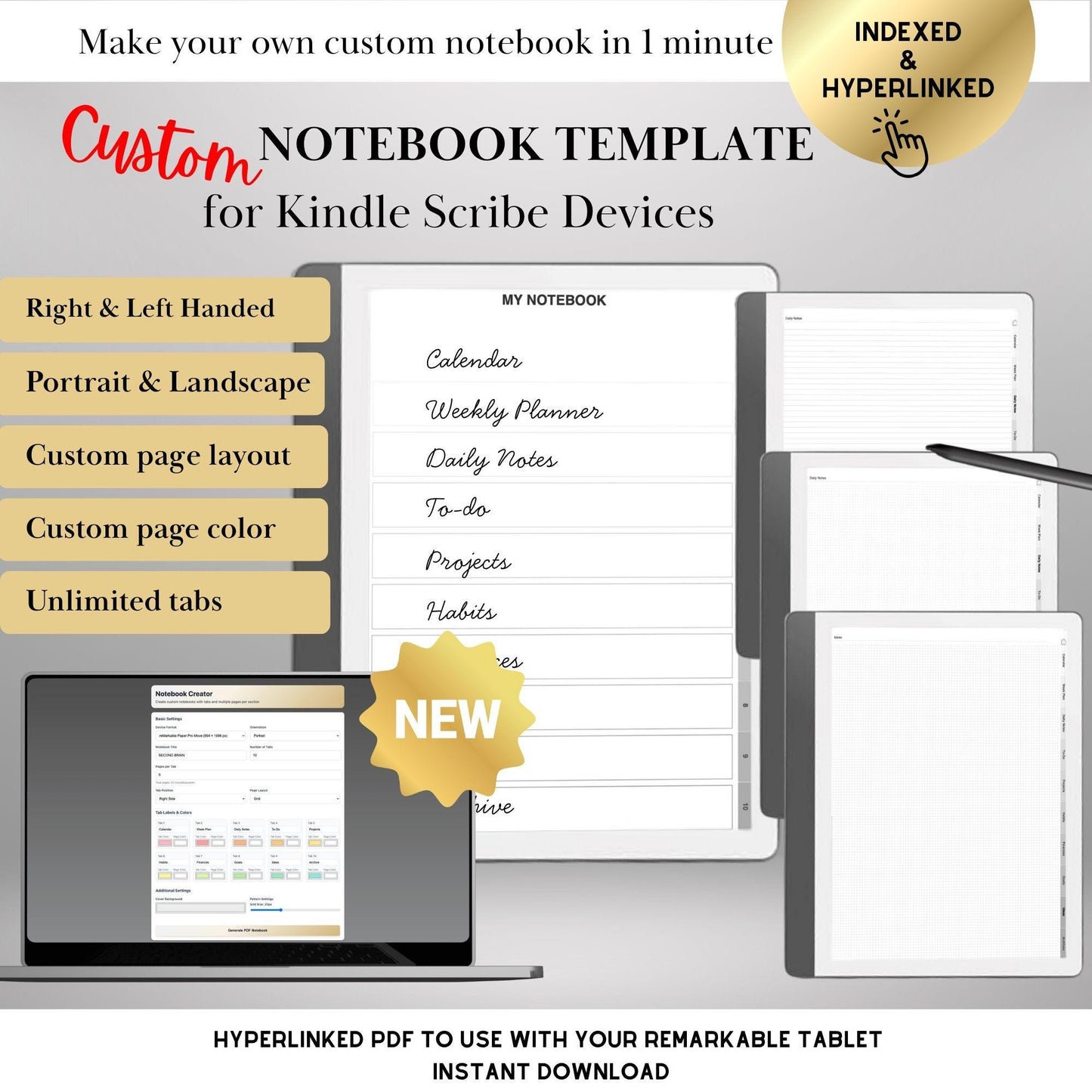 Custom Notebook Template Creator for Kindle Scribe | Personalized Template | Build Your Own Hyperlin