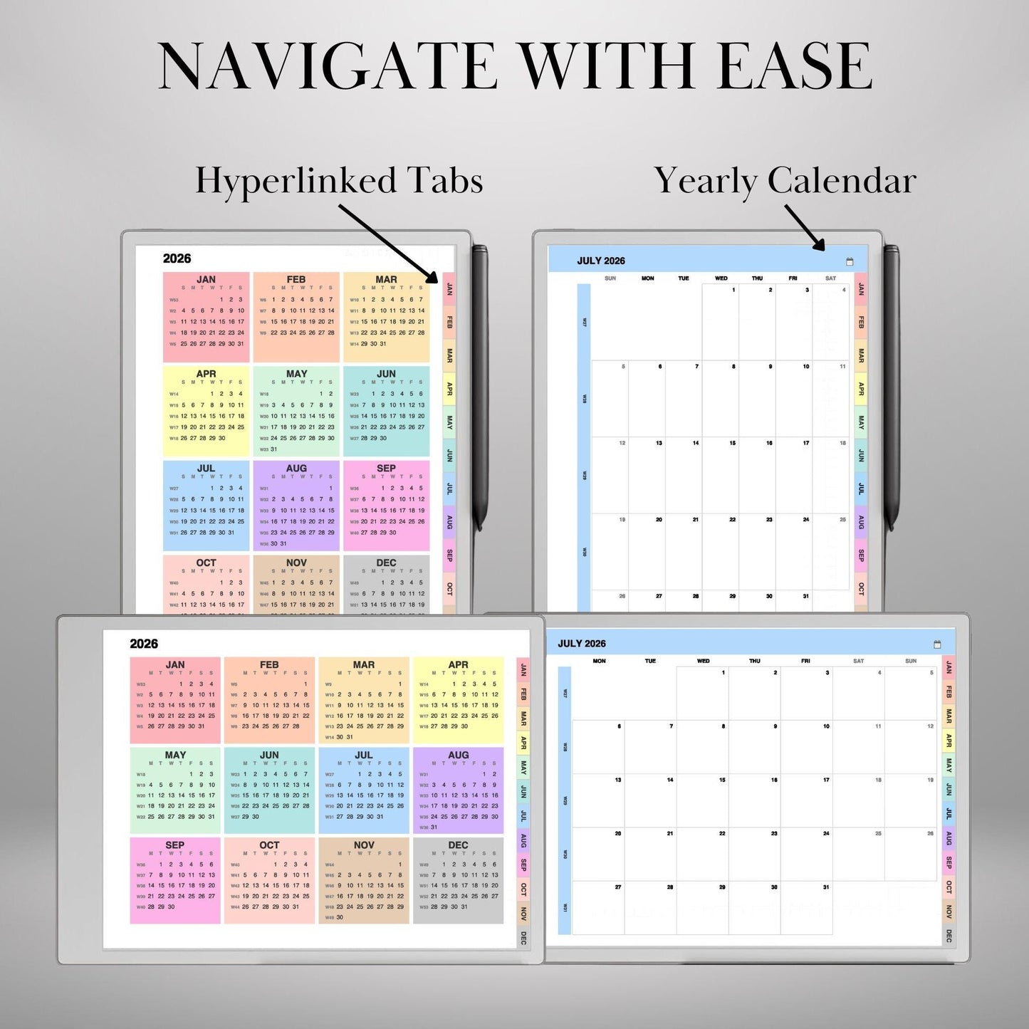 2026 Monthly Calendar for reMarkable Paper Pro Hyperlinked Minimalist Planner: Full-Page Monthly View + Year Overview