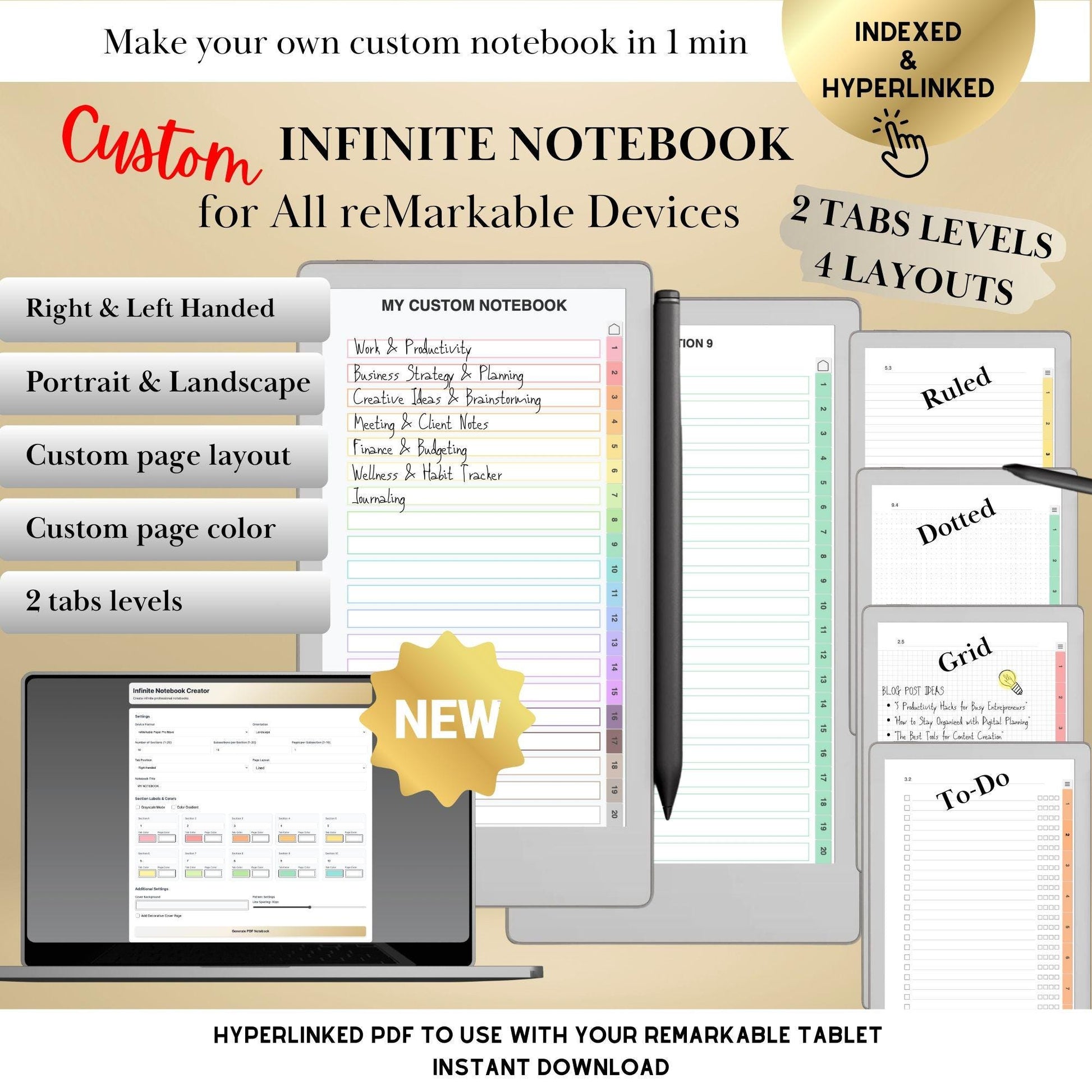 Custom Infinite Notebook Template Creator for reMarkable Paper Pro, Move, rM2: Personalized Template