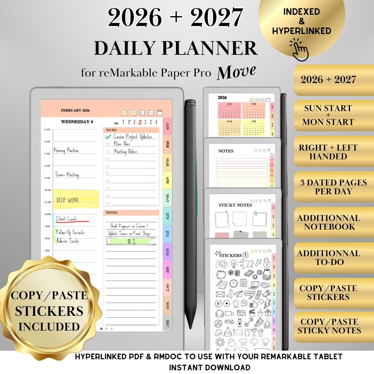 reMarkable Paper Pro Move — Daily Planner 2026-2027, dated calendar