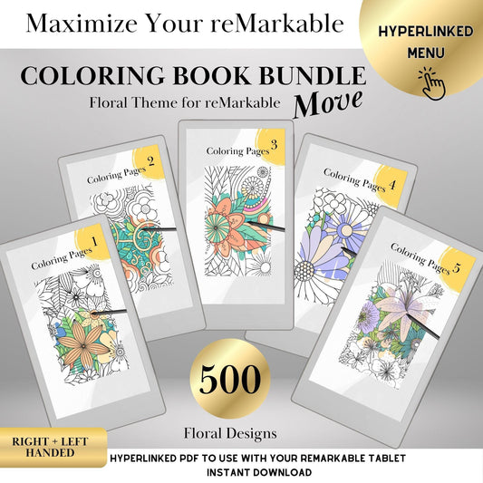 Coloring Book Bundle for reMarkable Paper pro Move | Complete 500-Page Coloring Collection Vol. 1–5 — Hyperlinked Mindful Adult Coloring